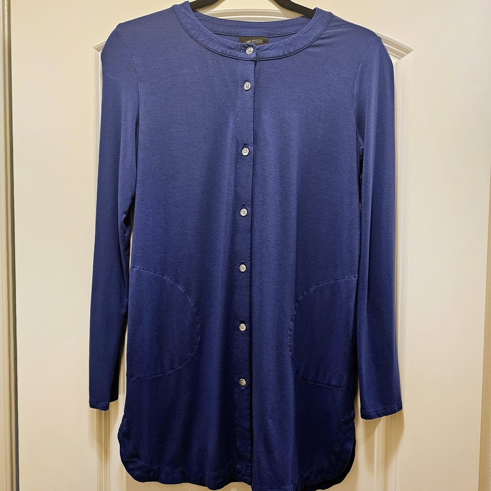 J Jill Wearever Blue Tunic XS Button Front Pockets Soft Knit Top - Picture 2 of 8